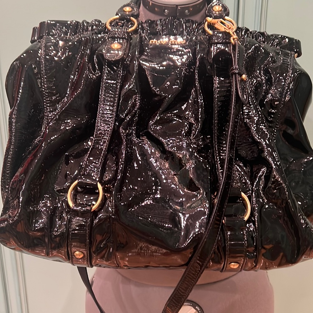 Miu Miu black shine patent leather tote bag